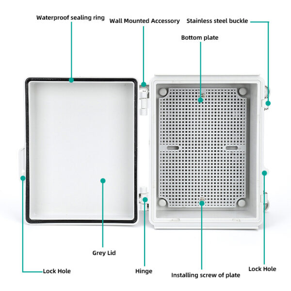 Full size ABS Waterproof Plastic Project Hinged Box IP67 Stainless Steel Buckle type Enclosure With Mounting Plate And Bracket - immagine 19